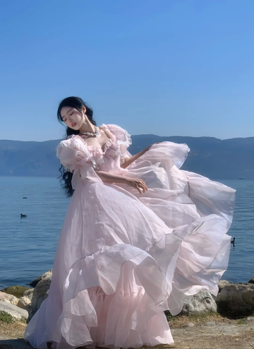 Princess Light Pink A Line Puff Chiffon Long Party Dress Evening Dress HZ1023